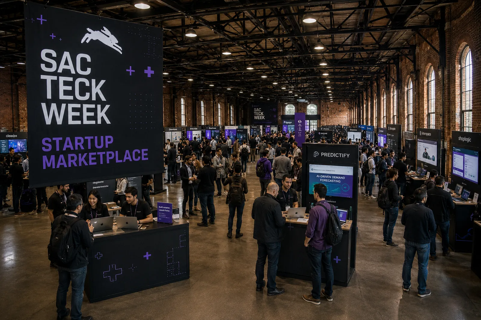 The Startup Marketplace floor at the warehouse: rows of dark booths under brick arches, with a purple Sac Tech Week banner overhead.