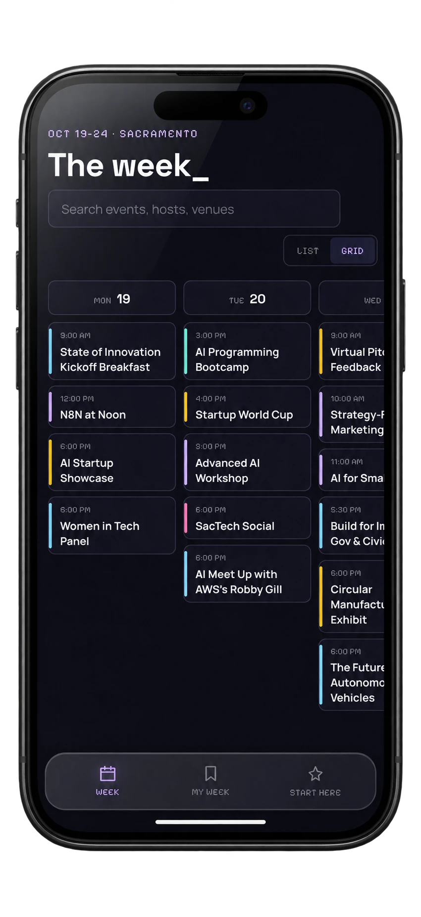 Mobile view of the Sac Tech Week web app calendar on a smartphone.