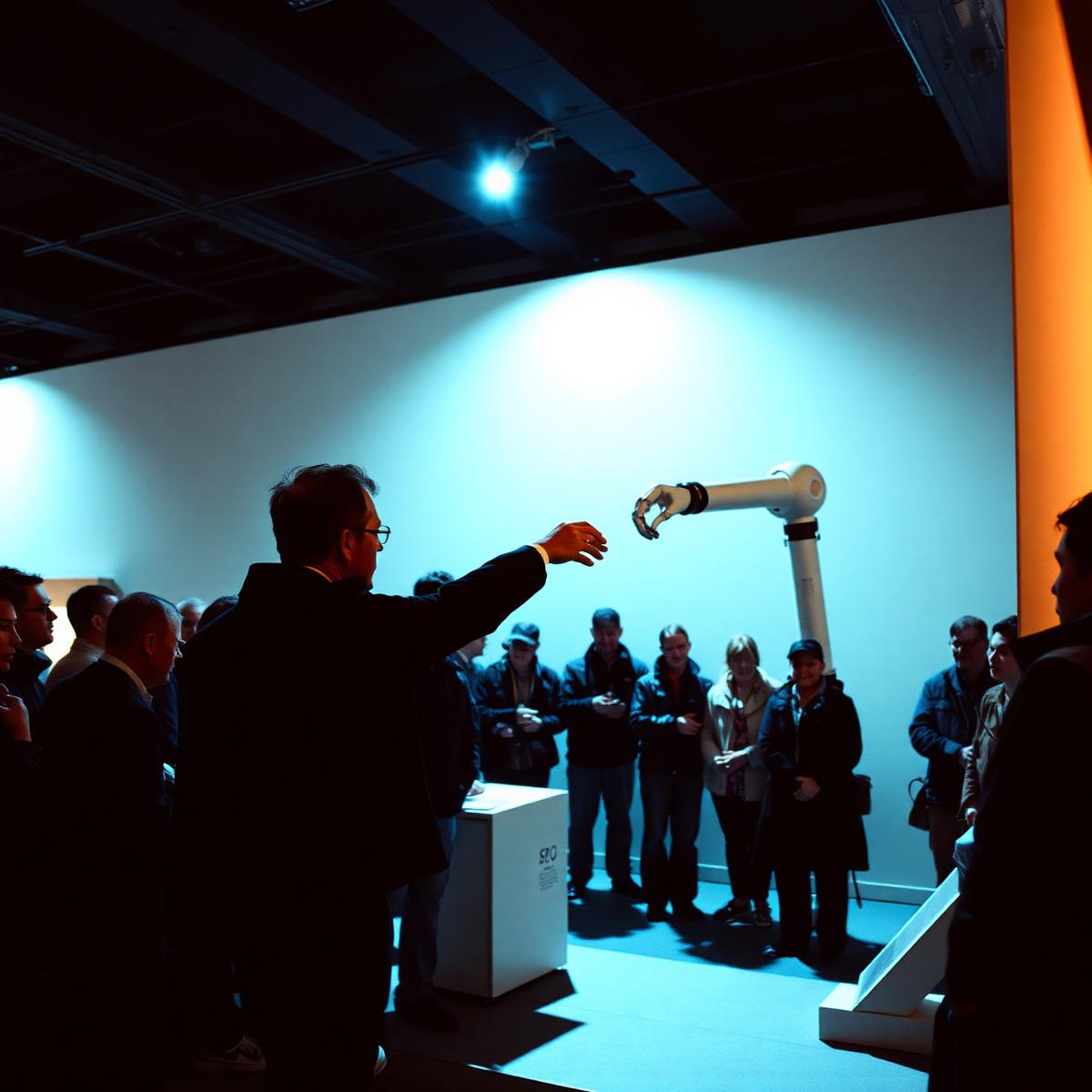 Visitors gathered around a robotic arm demonstration in a dim hall