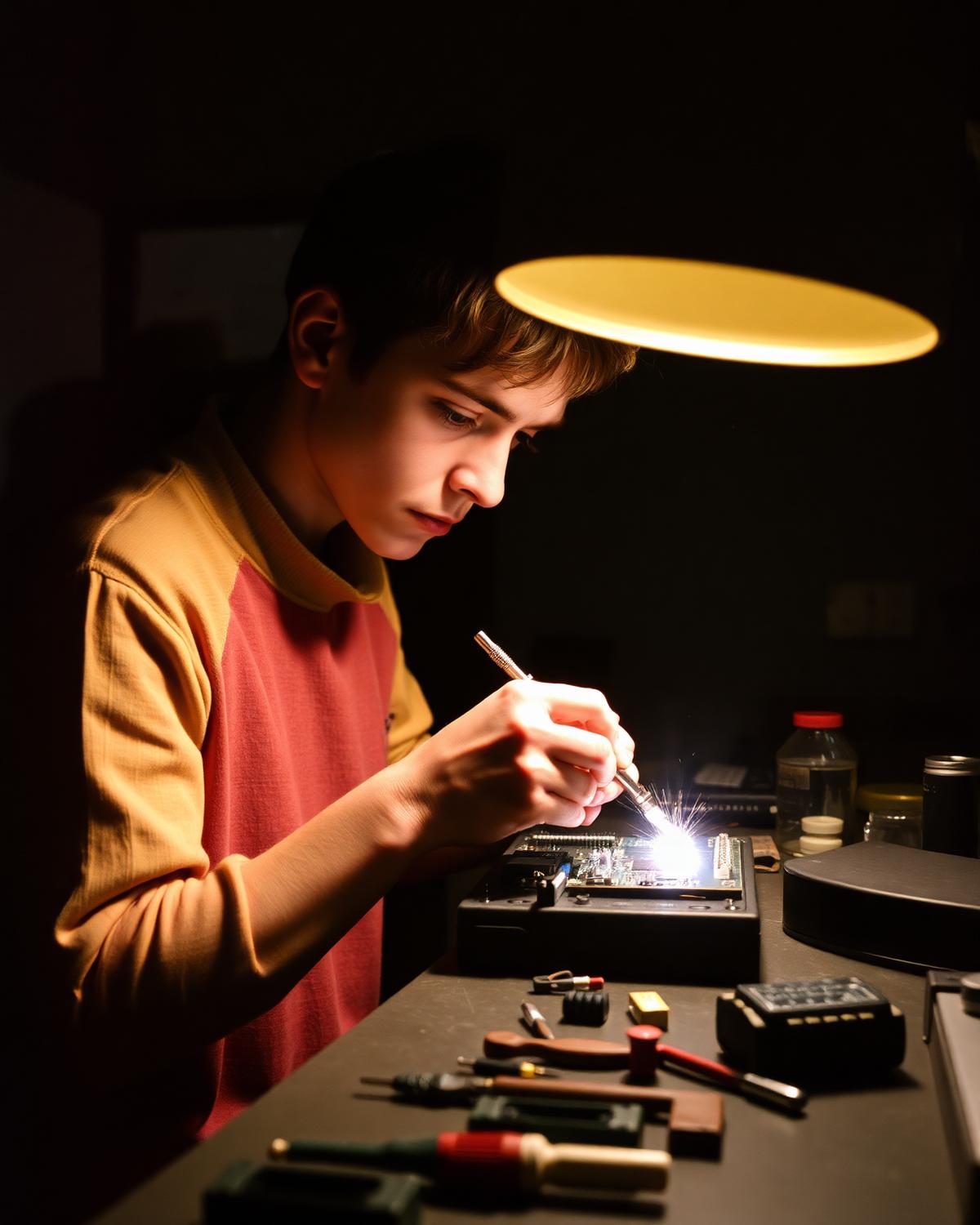 A young engineer soldering a circuit board under a warm task lamp