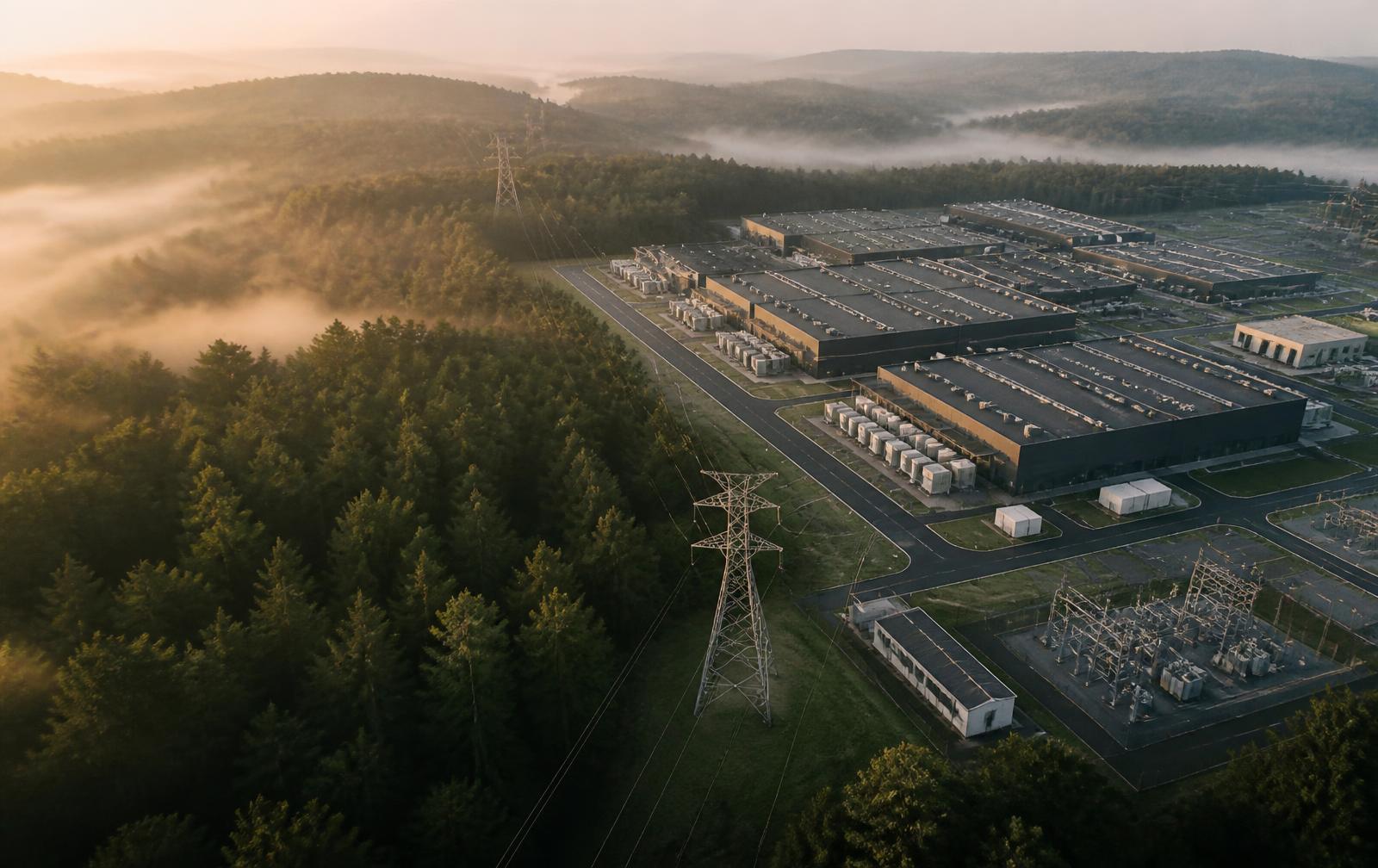 Aerial view of forest and mist meeting a data center campus at sunrise