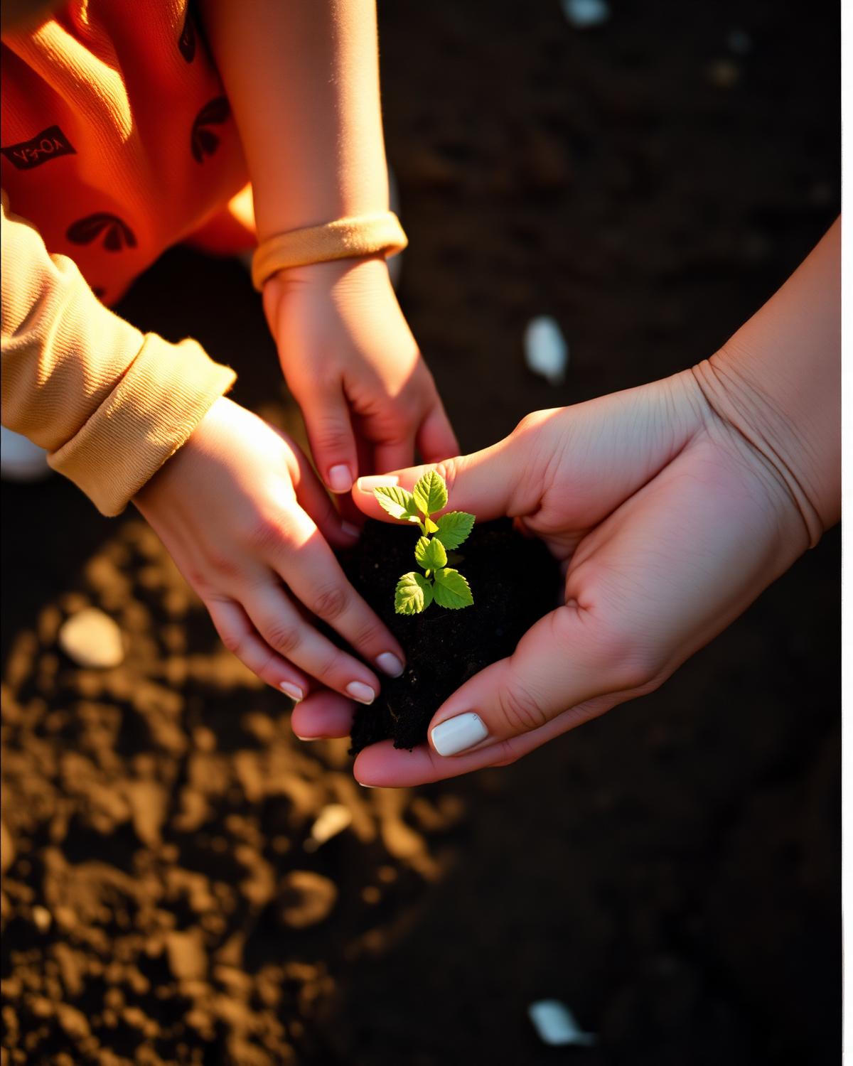 Hands of a child and an adult planting a seedling in dark soil