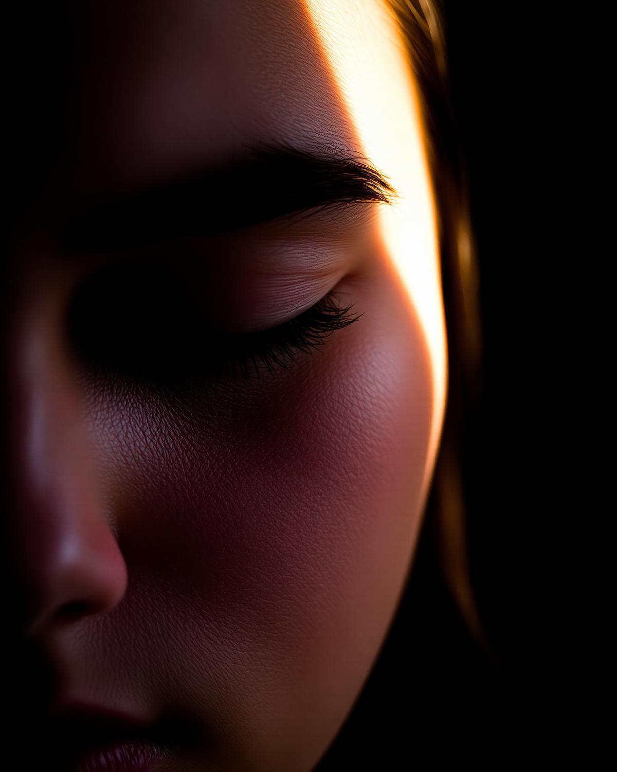 Close portrait of a woman's face lit by warm daylight