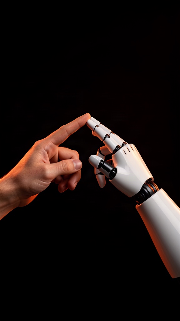 A human hand and a robotic hand almost touching