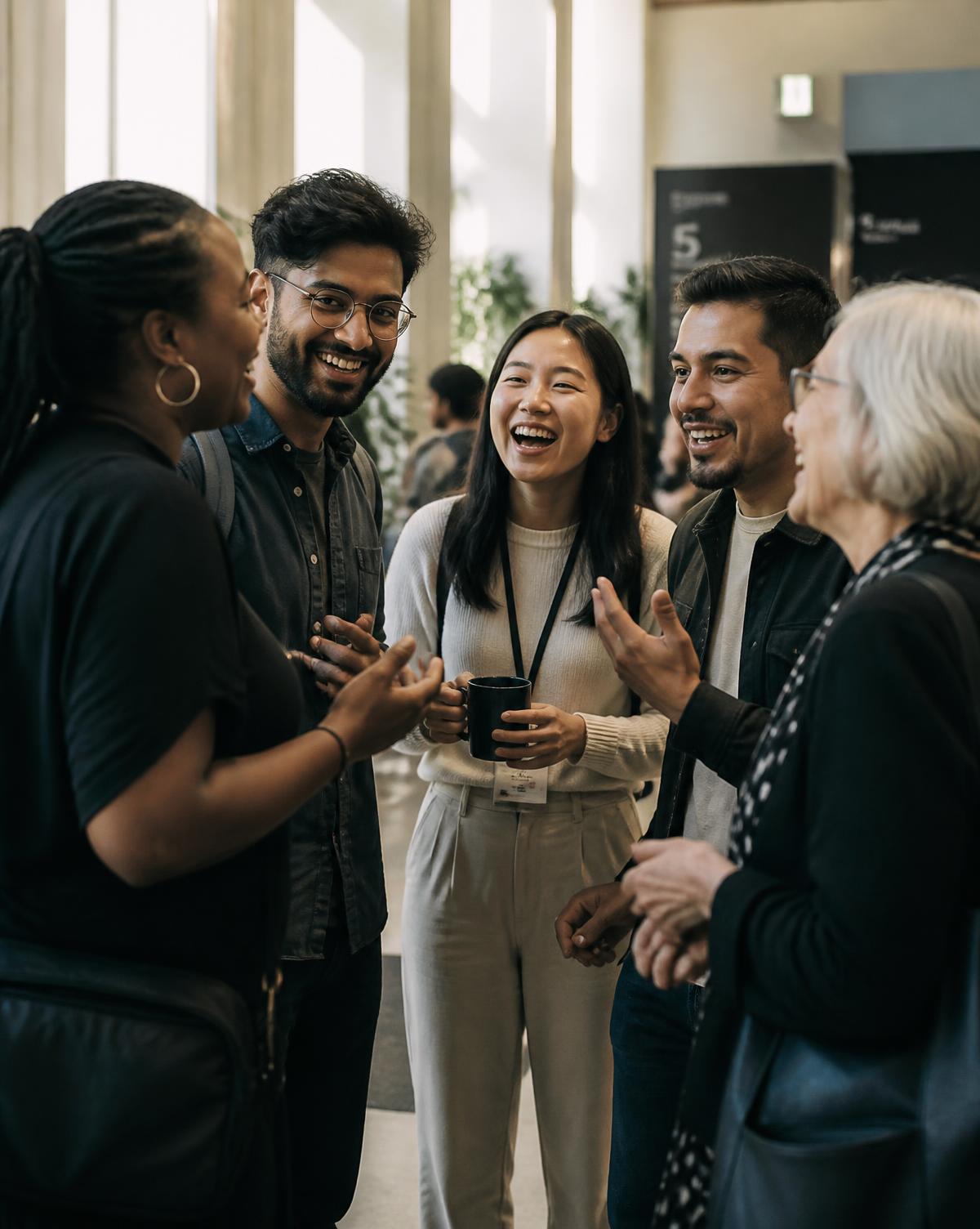A visibly diverse group of people laughing mid-conversation in a bright hall